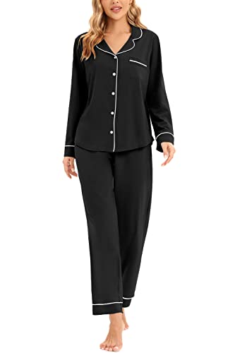 Lubot Women's Pajamas Set Cotton Pj Set For Women Long Sleeve Button-Down Shirt Pj Pants Two-Piece Set Warm Night Suit Sleepwear Loungewear (Black, M) #TOP10
