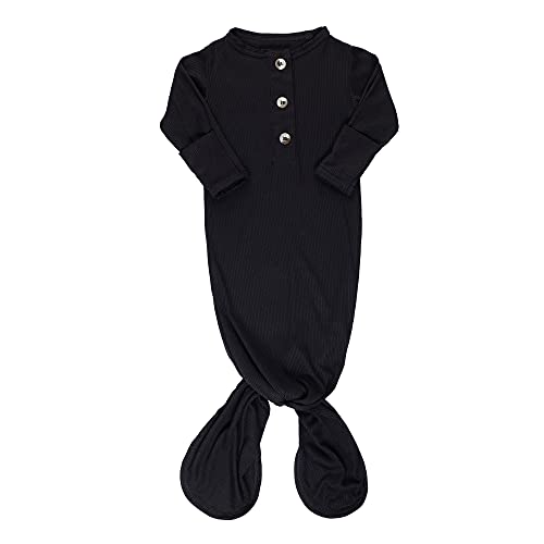 Image of ELIVIA & CO. Knotted Gown Newborn Baby Gowns Baby Boy Clothes or Girl - Baby items Newborn Baby Sleeper (Ribbed Black)