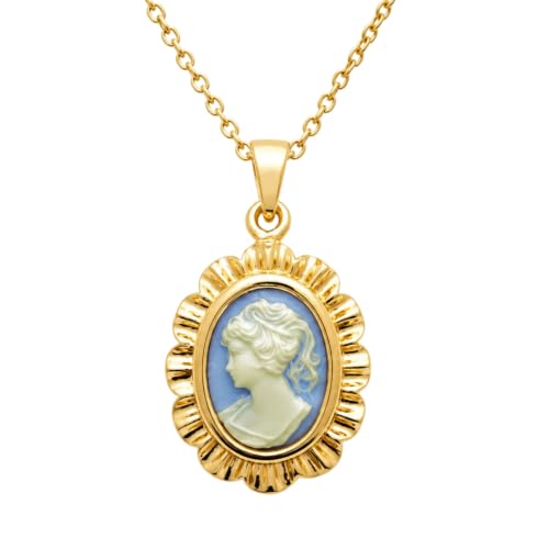 Collier Camé Bleu Plaqué Or 18K - Pendentif Vintage 45cm avec Fermoir Mousqueton