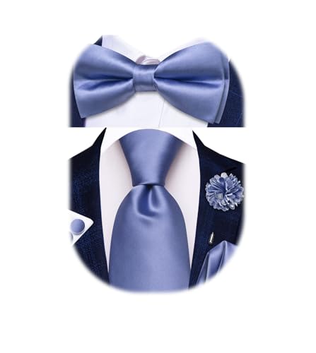 Image of Hi-Tie 5Pcs Mens Solid Color Silk Tie Satin Pretied Bowtie Lapel Pin for Men Handkerchief Cufflink Wedding Gift Box