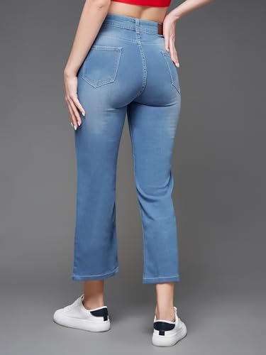 Image of Miss Chase Women's Skinny High Rise Cropped Fringed Hemline Detailing Stretchable Denim Jeans