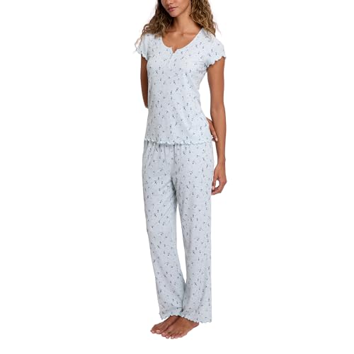 Laura Ashley Women's Pajamas 2 Piece Ribbed Knit Short Sleeve Henley Top and Pants PJ Set3