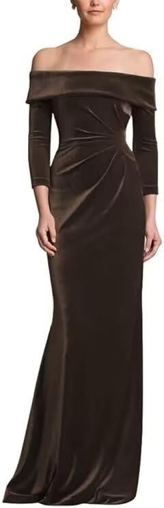 Long Sleeve Mother of The Bride Dresses Off Shoulder Wedding Guest Dress for Women Velvet Formal Gowns with Ruches