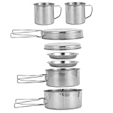 Juego de ollas y sartenes para Acampar, Juego de Cocina para 3-4 Personas, ollas y sartenes de Acero Inoxidable, Cocina de Campamento Liviana apilable para mochileros al Aire Libre, Senderismo, picni