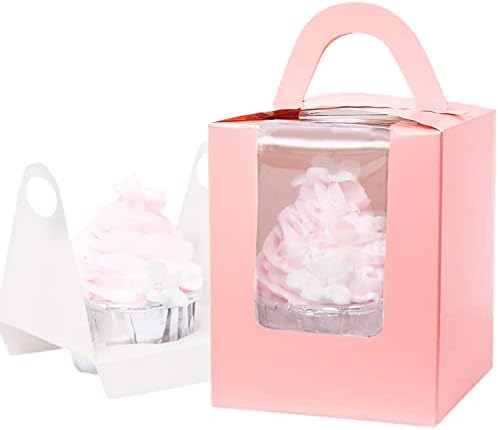 Gbateri 60 Pieces Individual Cupcake Boxes with Insert and Clear Window, Brown Kraft Single Cupcake Boxes Cupcake Carrier with Handle Cupcake Container Bakery Boxes Mini Cake Boxes Treat Gift Boxes
