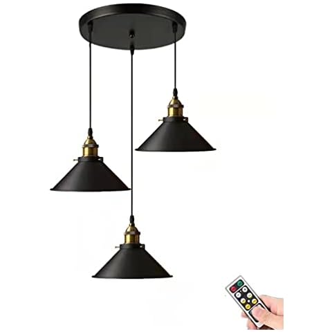 Battery Operated Pendant Light with Remote Control,3-lights Industrial Black Ceiling Hanging Lights Indoor Chandelier Wireless LED Pendant Lighting Fixtures for Kitchen Island Dining Room Cover