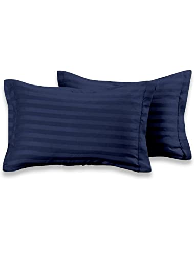 Image of DECOR2ADMIRE 300 Thread Count Premium Glace Cotton Plain Stripe Single Bedsheet with One Pillow Cover (60 inch x 90 inch) (Dark Blue, Pack of 2)