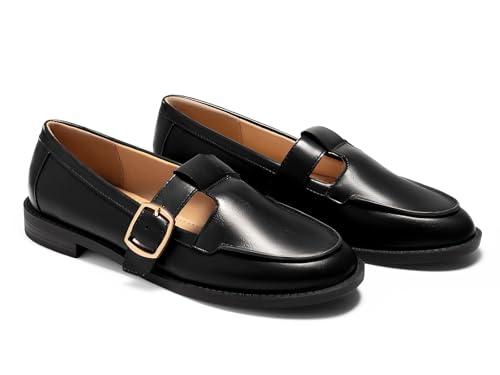 Coutgo Womens Slip On Loafers T-Strap Closed Round Toe Flats Comfortable Work Business Dress Shoes, Black, Size 7.5