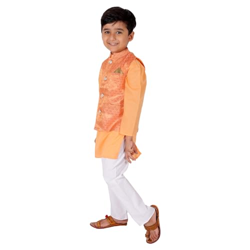 Image of Superminis Boy's Cottton Kurta Cotton Brocade Printed With Golden Thread Work Nehru Jacket and Elastic Closure Pyjama Set
