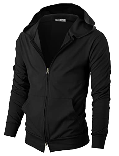 Ohoo Mens 100% Cotton Hoodie Two Way Zipper Slim Fit Wide Hood Thin Lightweight Full Zip Hooded Sweatshirt
