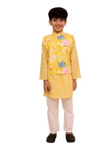 Image of The Mom Store Boys Printed Cotton Kurta Pajama Set With Jacket | Soft And Comfortable Ethnic Wear For Baby /Kids Boys | Full Sleeves Kurta Pyjama Set | Traditional Indian Outfit