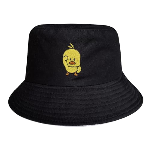 QOOEQPQY Unisex Duck Bucket Hat Fashion Reversible Embroidered Hat Double Sided Wear Fisherman Cap Black-White