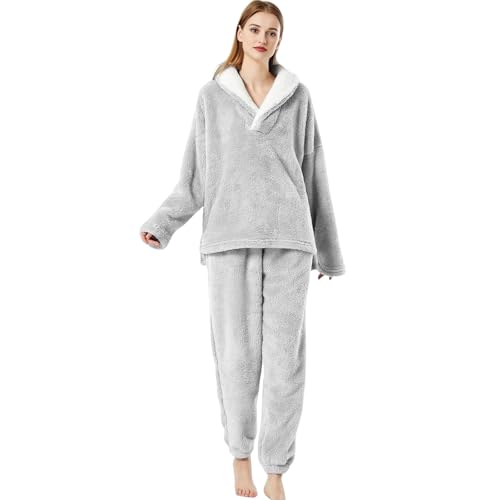 Focenat Conjunto de Pijama Forro Polar,Suave Pijamas Cálido Dos Piezas,Polar y Super Suave Pijama Invierno,Adecuado para mantener el calor en invierno (FR/ES, Edad, Free Size, XL, Gris)