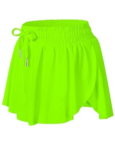 Wsirmet Flowy Shorts for Women Butterfly Shorts 2 in 1 Athletic Workout Gym Biker Running Shorts with Pockets Neongreen M