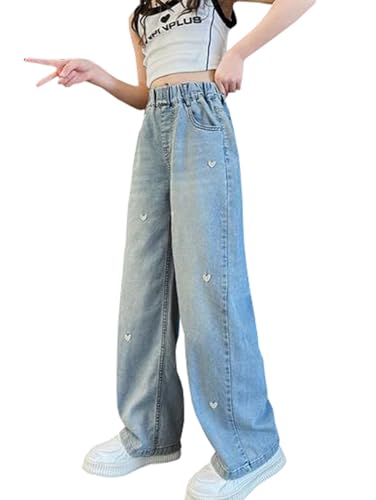 Kids Girls Jeans Casual Loose Denim Pants Heart Embroidery Straight Wide Leg Pants Children's Long Pants2