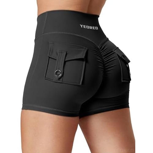 YEOREO Scrunch Workout Shorts with Pockets Charm Gym Biker Shorts for Women High Waisted Yoga Booty Shorts