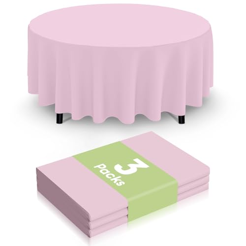 Image of Smiry Disposable Table Cloth 3 Pack, 84 Inch Round Waterproof Plastic Tablecloth, Decorative Round Table Covers for Party, Birthday, Picnic, Pink