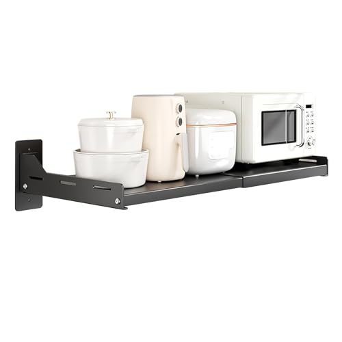 Estante de cocina para microondas montado en la pared, color negro, con 6 ganchos, ahorro de espacio, ideal para hogar y restaurante, 38/61 x 34 x 15,7 cm