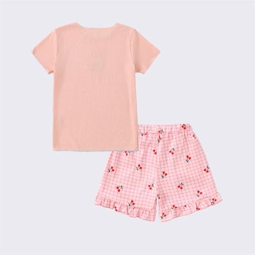 Image of Yoxindax Tween Girls Summer 2-Piece Outfit Set - Crew Neck Short Sleeve T-Cherry Print Shorts 7-14Y Summer Clothes
