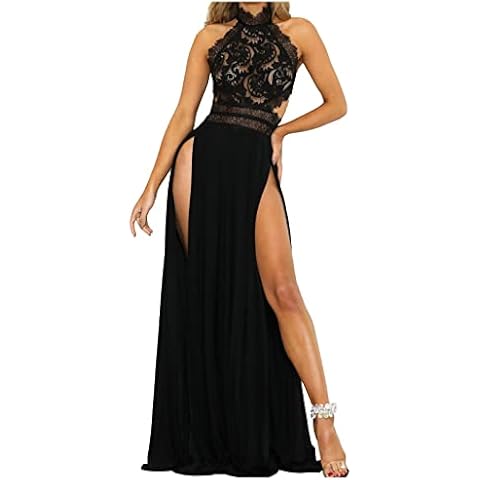 SHZFGUI Sexy Backless Lace Sheer Mesh Floral Mesh High Slit Maxi Dress for Evening Party Black Cover