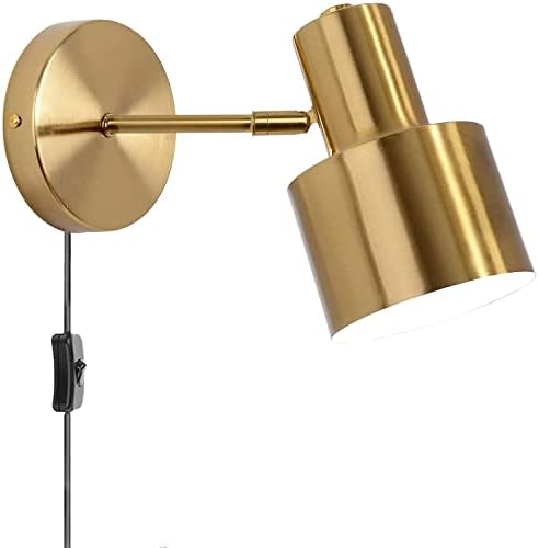 Aplique de pared Vintage Dorado con enchufe, luz giratoria E27 Ajustable e interruptor de encendidoapagado para dormitorio y sala de Estar.