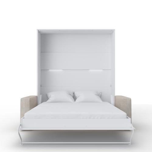MAXIMAHOUSE Lit escamotable Invento LED 160V avec Le canapé (160×200) (Blanc/Blanc Matt+Sofa Beige/Marron Clair)