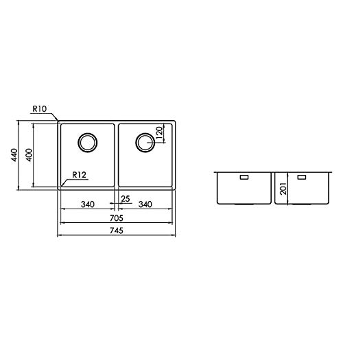 Lavello cucina Plados MR7420 in acciaio inox satinato a due vasche per installazione Filotop