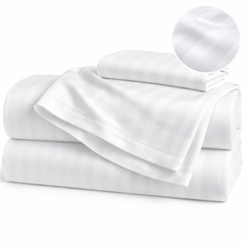 CUSTOMER DELIGHT 100% Egyptian Cotton Sheets King Size &ndash; 1000 Thread Count Luxury Hotel Sateen Weave Sheet Set, Soft & Breathable, 17&rdquo; Deep Pocket, 4-Piece White Striped Bedding, All-Season Comfort