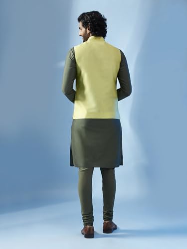 Image of KISAH Men's Kurta Jacket Churidar Set, Sea Green Art Silk, Embroidered Long Sleeves Regular Fit Mandarin Collar