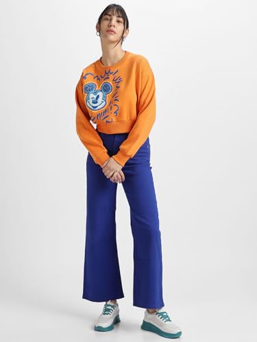 Image of JUNEBERRY Cotton Poly Fleece Official Disney Merchandise Regular Fit Orange & Green Mickey Mouse See Ya Real Soon Graphic Print Full Sleeve Sweatshirt for Women