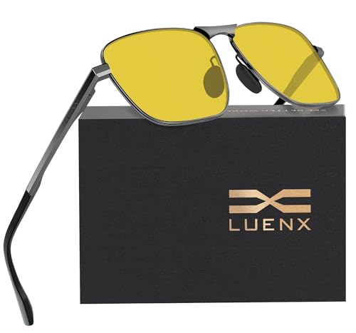 LUENX Men's Night Vision Driving Glasses Anti Glare Polarized Rectangular Sunglasses - Yellow Lens Gunmetal Frame