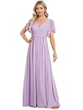Ever-Pretty Women's V-Neck Ruffle Sleeves Ruched Bust Chiffon Floor Length Bridesmaid Dresses Frosted Lilac 16