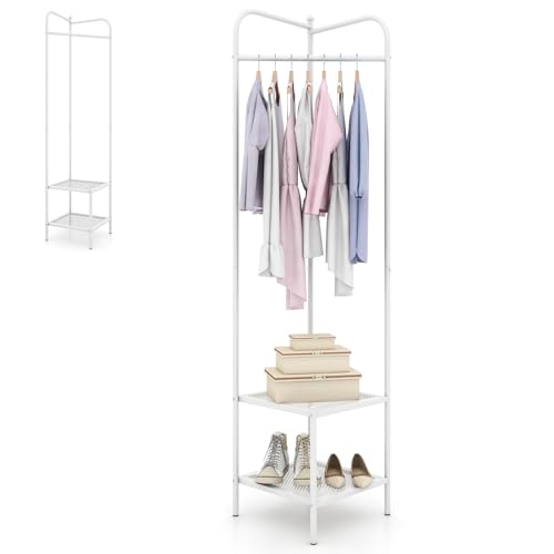 HOMASIS 3 en 1 Portemanteau d'Angle en Métal avec Tringle à Vêtements, Etagère à Chaussures et Rangements, Meuble Vestiaire d'Entrée pour Couloir, Salon,...