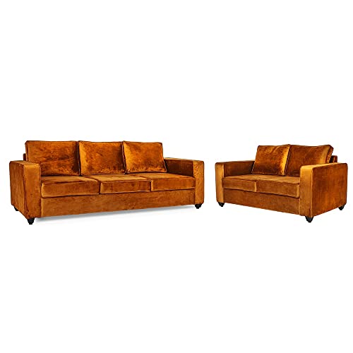 Image of Wakefit Sofa Set | 3 Year Warranty | Sofa 5 Seater, 5 Seater Sofa for Living Room, Wooden Sofa Set, Sofa Set 3+2 Seater - Napper(Fabric-Velvet : Amber)