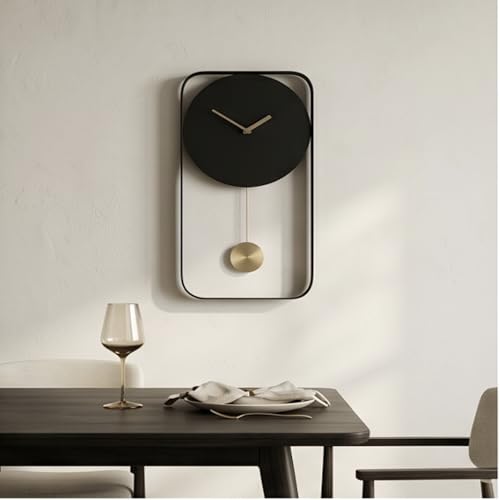 Image of The Artment your artistic apartment Black Mono Clock Modern Minimalist Wall Mounted Pendulum Clock, Brushed Metal Finish, Sculptural Luxury Decor for Living Room, Bedroom, Home & Office Interiors