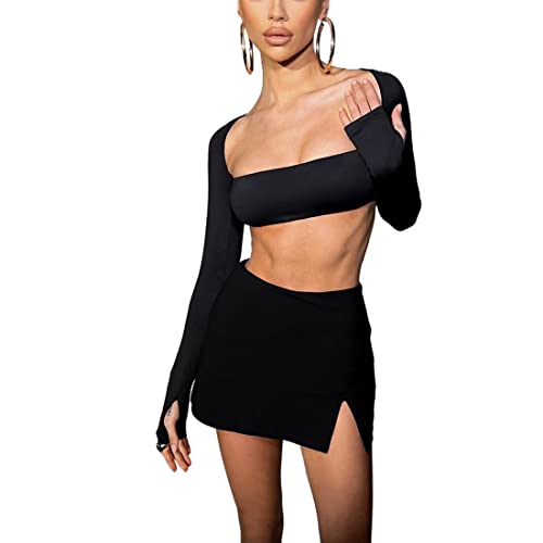Azhong Women’s 2 Piece Set Long Sleeve Square Neck Crop Top Bodycon Mini Club Party Skirt Set3