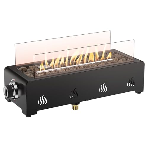 onlyfire 45,7cm Kleine Gas Feuerstelle mit 1,5kg Lavastein, Glaswindschutz und Gasdruckregler, Outdoor Tischfeuer, 3,2 kW, Feuerschalen für den Garten, Unterer Lufteinlass, Rechteckig