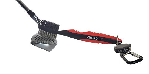 VersaGolf Golf Club Cleaning Brush - Metal and Nylon Bristles with Groove Tip - Retractable - Improves Backspin and Ball Control - Enjoy Cleaner Woods, Wedges and Irons - Red