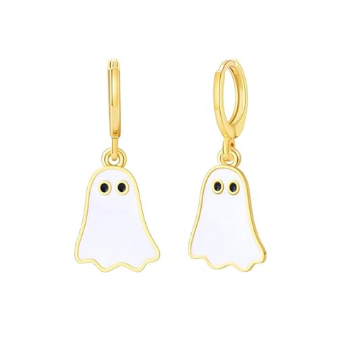 Coadipress Halloween Ghost Huggie Earrings - 14K Gold Plated, Cute Spooky Hoop Dangle Earrings for Women - Fun BOO Halloween Party Jewelry Gift