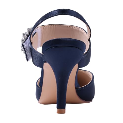 Image of ERIJUNOR Mid Heel Shoes for Women Pointed Toe Slingback Rhinestone Brooch Satin Dress Pumps Evening Prom Wedding Shoes
