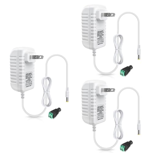 Image of 12V Power Supply, 12 Volt 2A 24W DC Power Supply, White LED Power Adapter, AC 110V to 12V Wall Mounted Transformer Plug for LED Strip Lights with 5.5 /2.1 DC Female Connector, 3 Pack