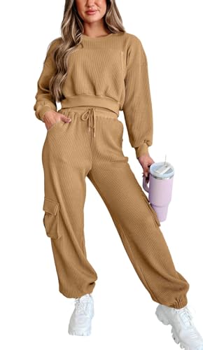 chouyatou Women's Fall 2 Piece Outfits Waffle Knit Sweatsuits Crop