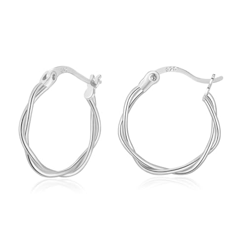 VYYU Silver Twist Hoop Earrings for Women, S925 Sterling Silver Earrings, Small Sleeper Huggie Hinged Hoops Earrings, Hypoallergenic Earrings Jewellery Gifts Christmas Birthday Gifts, 20mm