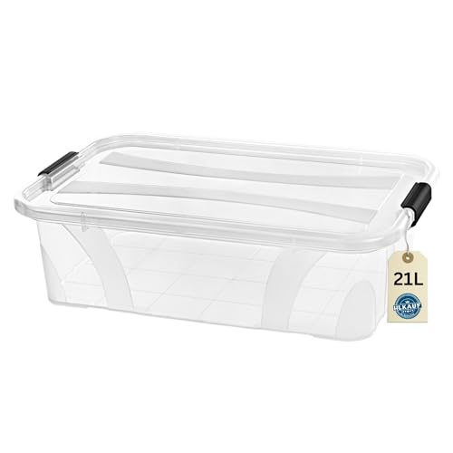 Aufbewahrungsboxen mit Deckel, 7L 14L 21L 32L 55L 80L Plastik Boxen Klickverschluss Stapelboxen 1er/3er Sets Lebensmittelecht Transparent Haushalt & HLKauf-Block (1er 21-Liter & 1x HLKauf-Block)