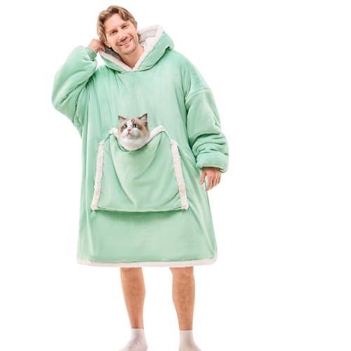 JOYWOO Green Oversized Wearable Blanket Hoodie, Cat lovers Long Hoodie Blanket for Adult,Birthday Gifts for Women Men Mom,Cozy Sherpa Hooded Blanket Giant Pocket Winter Gifts,Sage green Oversize