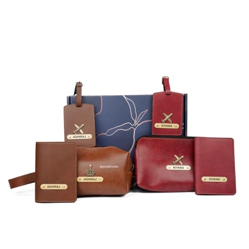 Image of Your Gift Studio Customized Leather Travel Pouch Kit Combo for Couple | Personalized Toiletry Bag, Passport Cover, and Luggage Tag with Name & Charm (Wine)