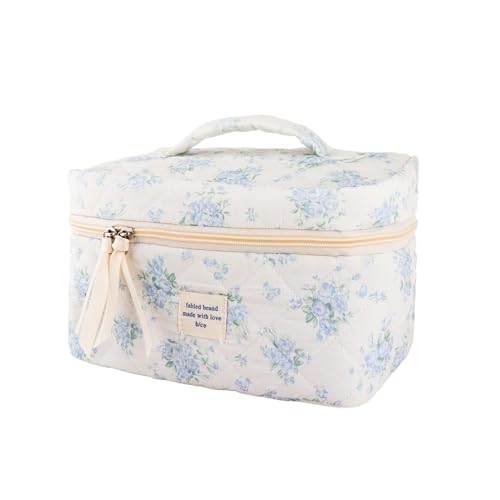QLoztyse Quilted Cotton Makeup Bag - Blue Cute Floral Travel Cosmetic Bags Large Aesthetic Skincare Pouch with Compartments for Women and Girls Toiletry Organizer