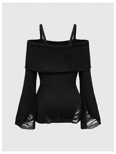 SOLY HUX Women's Cold Shoulder Ripped Sweater Goth Punk Long Sleeve Fitted Jumper Pullovers2