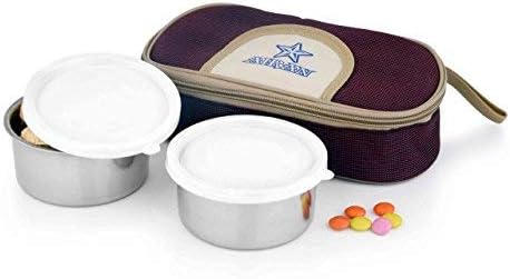 Airan Stainless Steel Lunch Box, 300 Ml, 1 Bag, 2 Steel Containers, 2 Plastic Lids, Silver