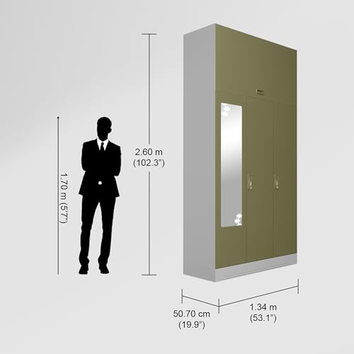 Image of Godrej Interio Almirah Slimline 3-Door Steel Almirah, Cupboard for Clothes (Royal Ivory and Olive Branch), 1-Year Warranty, 7 Shelves, with Over Head Unit, 1 Locker, Star Design Mirror
